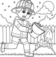 Firefighter Holding Bucket of Water Coloring Page vector