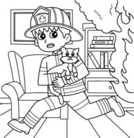 Firefighter Running Away with a Cat Coloring Page vector