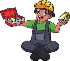 construcción trabajador comiendo almuerzo dibujos animados clipart vector