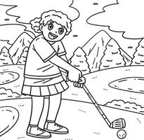 Golf Female Golfer Aiming Coloring Page for Kids vector