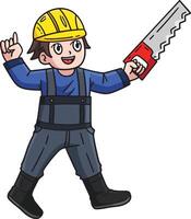 construcción trabajador con mano Sierra dibujos animados clipart vector