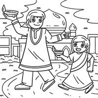 Diwali Parent and Child with Candles Coloring Page vector