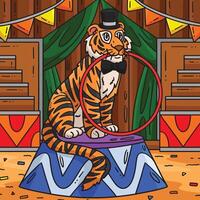 circo Tigre mordiendo un hula aro de colores dibujos animados vector