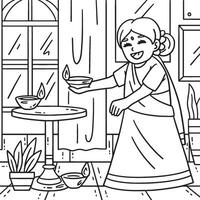 Diwali Child Setting Candle Coloring Page for Kids vector