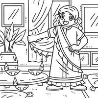 diwali niño poniendo en un sari colorante página vector