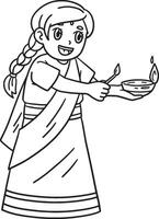 Diwali Child Lighting Candle Isolated Coloring vector