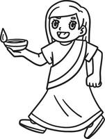 Diwali Child with Candles Isolated Coloring Page vector