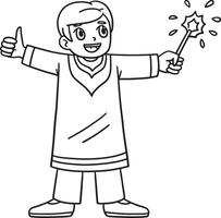 Diwali Child with Sparkler Isolated Coloring Page vector