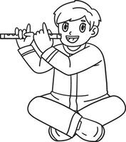 Diwali Child Playing Flute Isolated Coloring Page vector