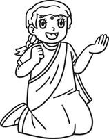 Diwali Girl Kneeling Isolated Coloring Page vector