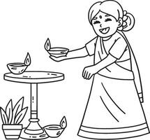 Diwali Child Setting Candle Isolated Coloring Page vector