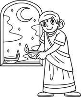 Diwali Mom Holding a Candle Isolated Coloring vector