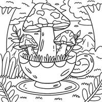 Mushrooms Sprouting from Teacup Coloring Page vector