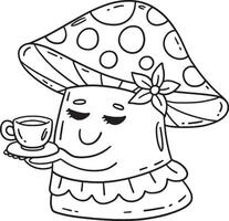 Mushroom with Tea Isolated Coloring Page for Kids vector