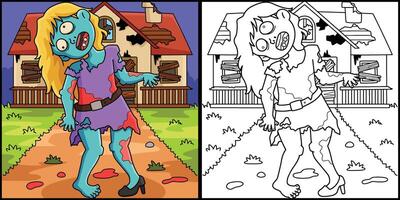 Zombie Girl Coloring Page Colored Illustration vector