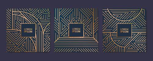 Vecset of art deco geometric patterns, golden luxury elegant backgrounds, fancy frames, retro cards. Use for perfume, wine, jewelry cover package design. vector