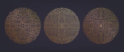 set of art deco frames, adges, abstract geometric design templates for luxury products. Linear ornament compositions, vintage. Use for packaging, branding, decoration, etc. Golden circles. vector