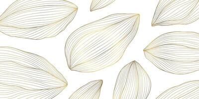 set of abstract line organic shapes pattern. Leaves, buds, nuts floral design, boho ornament. Golden on white asian style plant background, linear hand drawn banner vector
