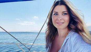 Woman enjoying the sea on a yacht boat, beach lifestyle in summertime, holiday yachting travel and summer leisure photo