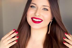 Beauty, makeup and smiles, face portrait of happy woman smiling, natural white teeth smile for dental cosmetics, skin care, glamour style and fashion look photo