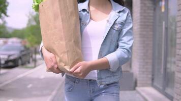 A young attractive woman in a denim jacket and hat walks down the street in a good mood and carries a bag of fresh tasty products. The concept of proper nutrition. Shopping, healthy food products. 4K video