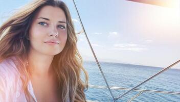 Woman enjoying the sea on a yacht boat, beach lifestyle in summertime, holiday yachting travel and summer leisure photo