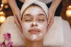 Serene young woman enjoys a luxurious facial spa treatment in a peaceful wellness retreat photo