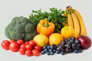 Vibrant display of fresh fruits and vegetables on a pristine background photo