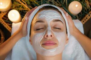 Serene young woman enjoys a luxurious facial spa treatment in a peaceful wellness retreat photo