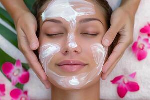 Serene young woman enjoys a luxurious facial spa treatment in a peaceful wellness retreat photo