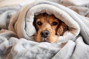 Cozy english cocker spaniel snuggled in a soft blanket indoors, a moment of serenity photo