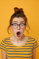 Young Woman Expressing Surprise With Wide Eyes and Open Mouth Against a Yellow Background photo