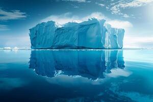 majestuoso iceberg flotante en el frío antártico mar debajo un crujiente azul cielo. foto