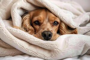 Cozy english cocker spaniel snuggled in a soft blanket indoors, a moment of serenity photo