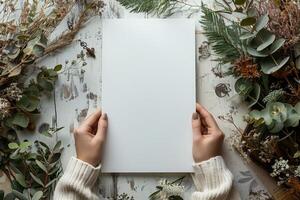 Hands holding a blank canvas amidst a nature-inspired flat lay wonderland photo