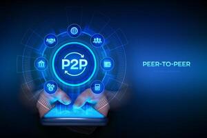 Peer to peer. P2P payment and online model for support or transfer money. Peer-To-Peer technology concept on virtual screen. Smartphone in hands. Using smartphone. illustration. vector