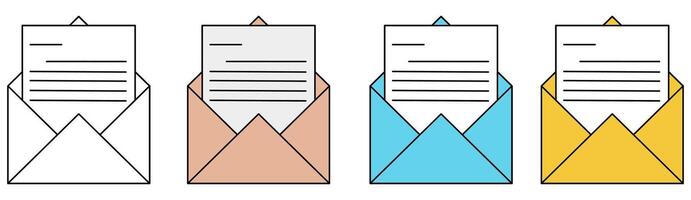 Set of icons of an envelope that has been opened and paper sticking out. vector