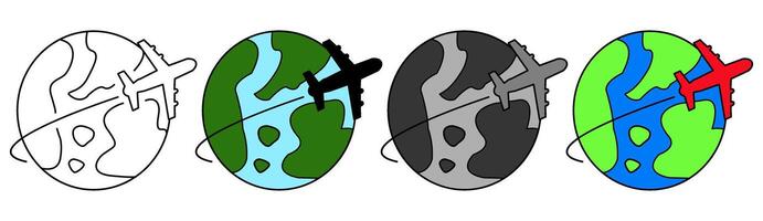 Set of illustrated icons depicting the earth and airplane. vector