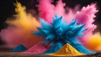 holi polvo explosión. un explosivo momento capturado como de colores polvo estalla dentro el aire durante holi festividades foto