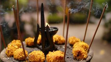 aromatisk rökelse på ett altare i en hindu tempel mitt i blommor video