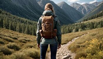 A woman is hiking in the mountains with a backpack on her back. The mountains are covered in trees and the sky is clear. The woman is enjoying the beautiful scenery. photo