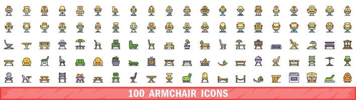 100 armchair icons set, color line style vector