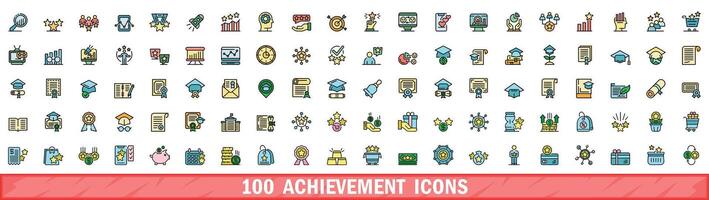 100 achievement icons set, color line style vector