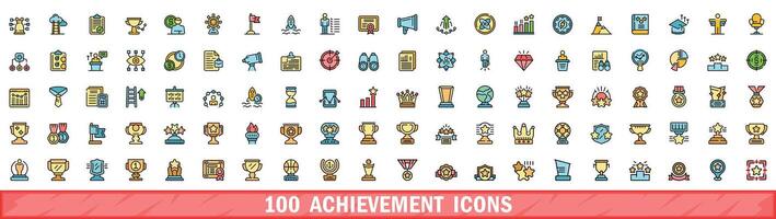 100 achievement icons set, color line style vector