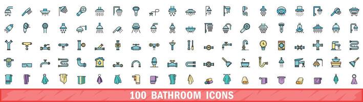 100 bathroom icons set, color line style vector