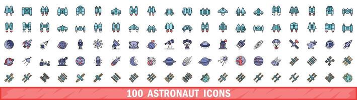 100 astronaut icons set, color line style vector