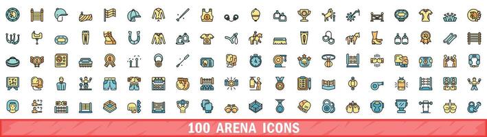 100 arena icons set, color line style vector