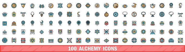 100 alchemy icons set, color line style vector