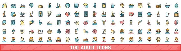 100 adult icons set, color line style vector