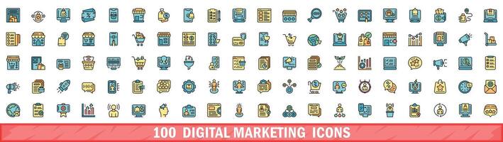 100 digital marketing icons set, color line style vector